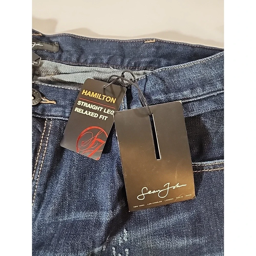 Sean John 40x33 Hamilton Distressed Jeans Zipper Pocket Detail Blue Relaxed Fit - Picture 5 of 12